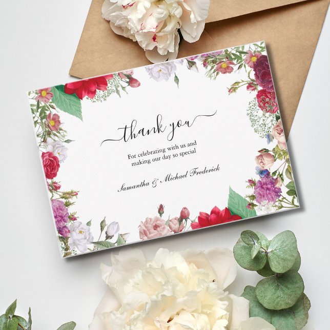 Wildblommor Boho Bröllop Tack för dina kort (Wildflower wedding thank you card. Elegant script calligraphy)