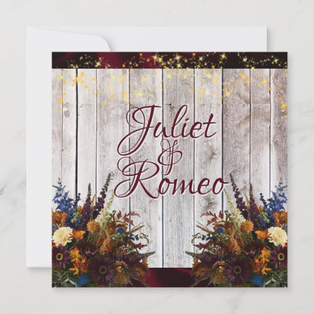 Wildblommor, Burgundy Ribbon & Ljus Bröllop Inbjudningar (Framsida)