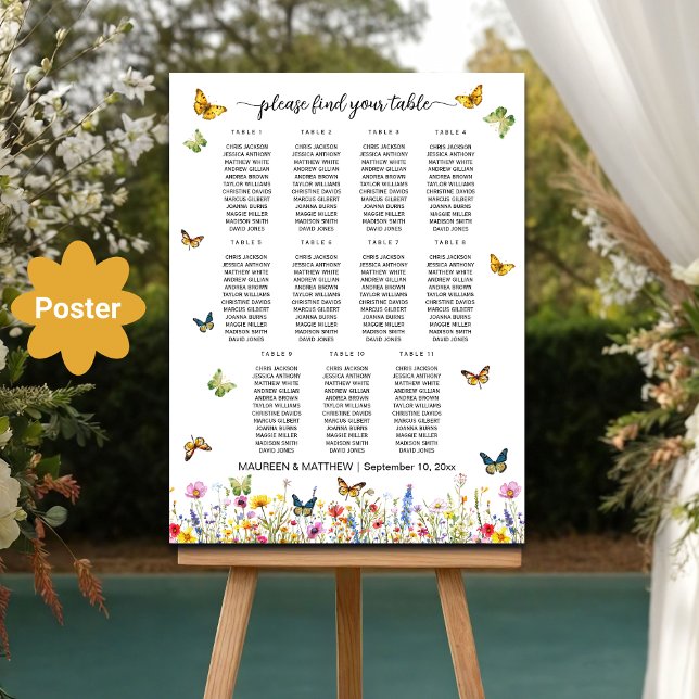 Wildblommor Butterflies 11 Bord Bröllop Seating Poster (Skapare uppladdad)