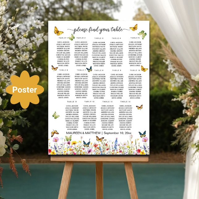 Wildblommor Butterflies 14 Bord Bröllop Seating Poster (Skapare uppladdad)