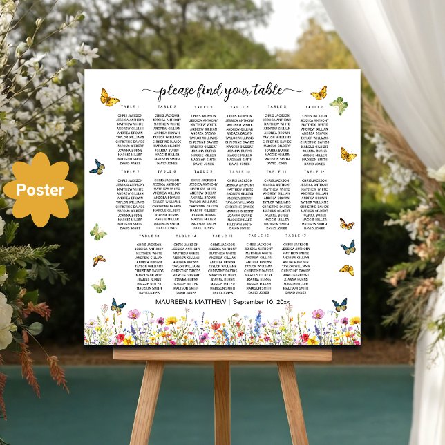 Wildblommor Butterflies 17 Bord Bröllop Seating Poster (Skapare uppladdad)