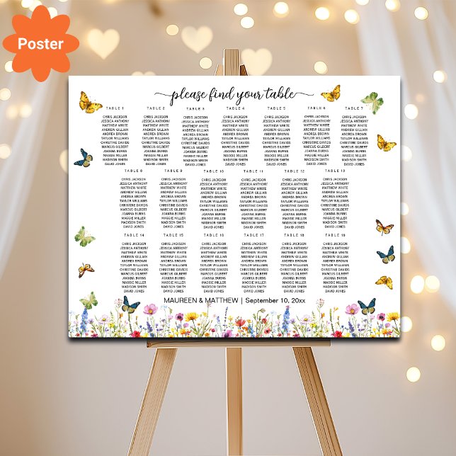 Wildblommor Butterflies 19 Bord Bröllop Seating Poster (Skapare uppladdad)