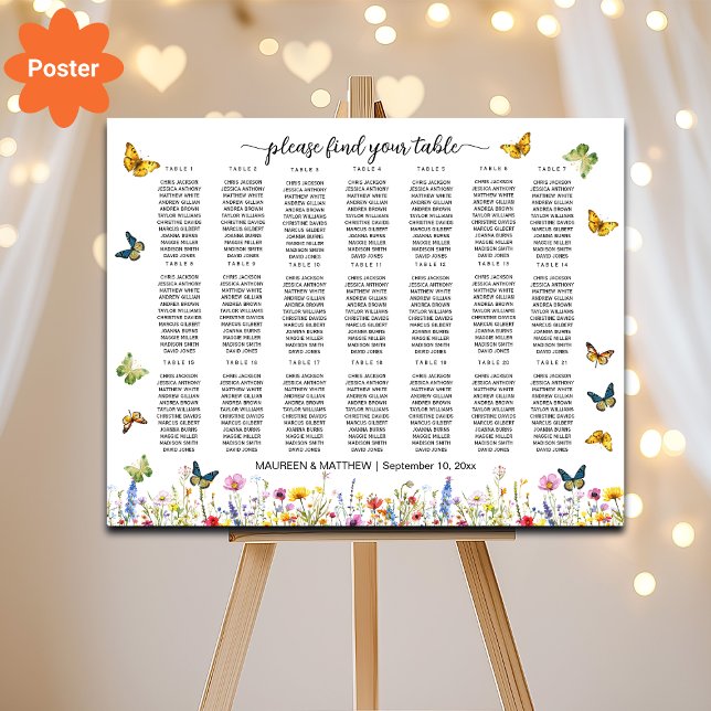 Wildblommor Butterflies 21 Bord Bröllop Seating Poster (Skapare uppladdad)