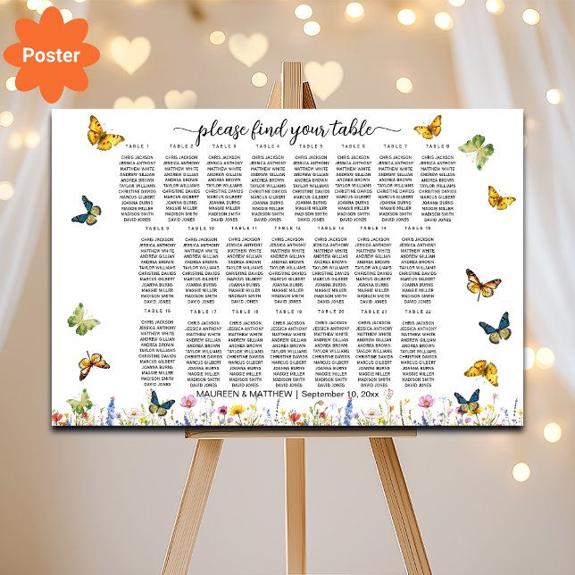 Wildblommor Butterflies 22 Bord Bröllop Seating Poster (Skapare uppladdad)
