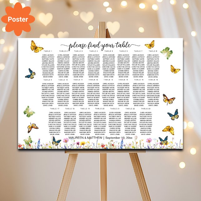 Wildblommor Butterflies 23 Bord Bröllop Seating Poster (Skapare uppladdad)