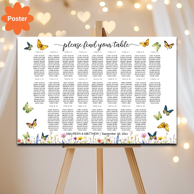 Wildblommor Butterflies 25 Bord Bröllop Seating Poster (Skapare uppladdad)