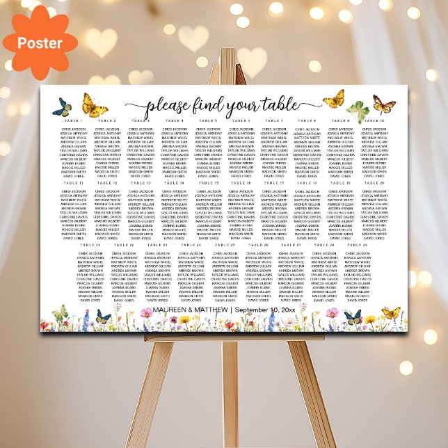 Wildblommor Butterflies 29 Bord Bröllop Seating Poster (Skapare uppladdad)