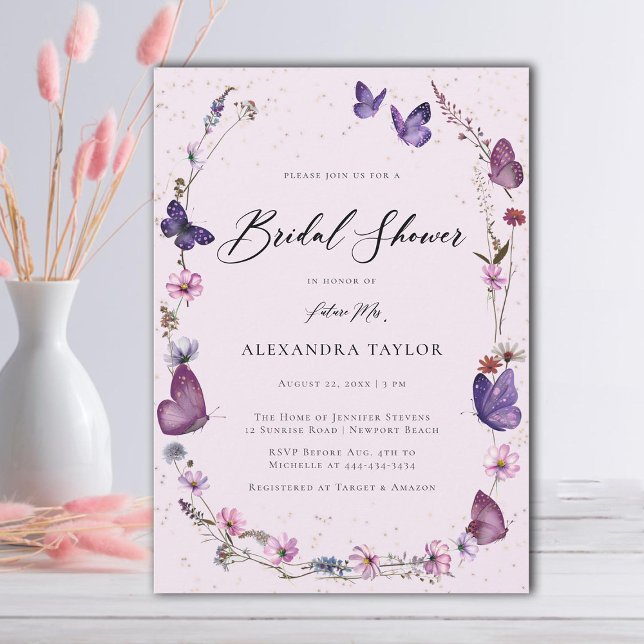 Wildblommor Butterflies Blommigt Ram Möhippa Inbjudningar (butterflies wildflowers boho floral frame pink purple bridal shower invitation elegant rustic chic)