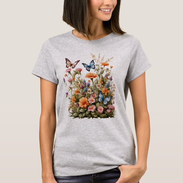 Wildblommor Butterflies Blomsterträdgård Watercolo T Shirt (Framsida)