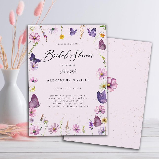 Wildblommor Butterflies Boho Garden Möhippa Inbjudningar (wildflowers frame butterflies garden bridal shower invitation elegant boho modern rustic romantic)