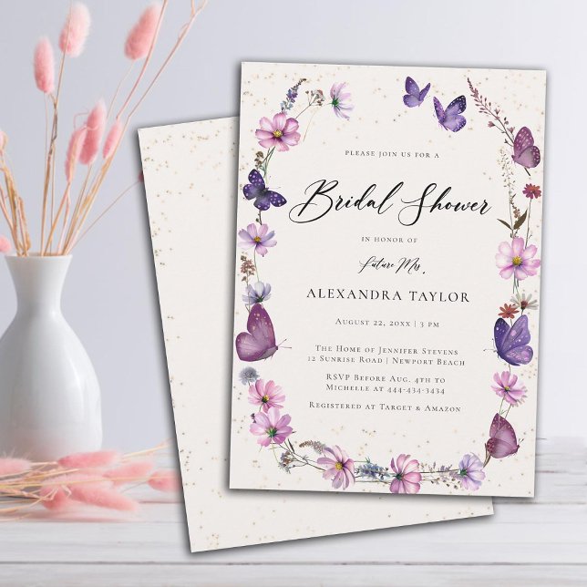 Wildblommor Butterflies Boho Ivory Möhippa Inbjudningar (wildflowers boho frame butterflies pink purple bridal shower invitation elegant rustic modern ivory)
