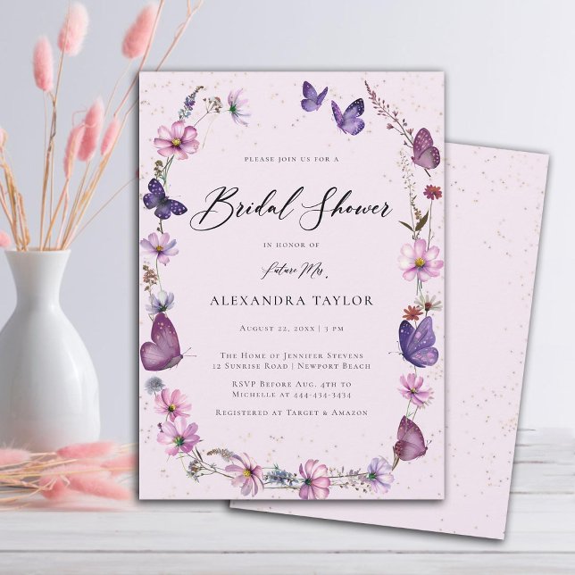 Wildblommor Butterflies Boho Ram Möhippa Inbjudningar (boho wildflowers frame butterflies garden pink purple bridal shower invitation elegant rustic)