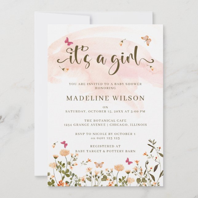 Wildblommor & Butterflies | Elegant Baby Shower Inbjudningar (Framsida)