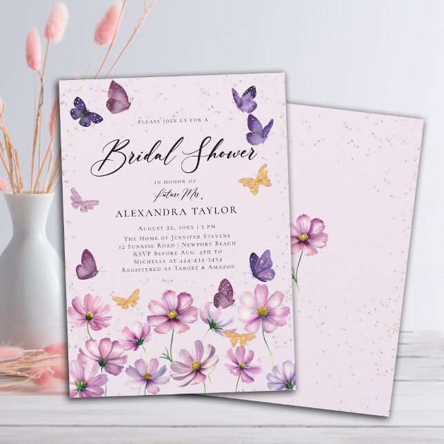 Wildblommor Butterflies Rosa Garden Möhippa Inbjudningar (wildflowers butterflies pink purple garden bridal shower invitation elegant boho modern rustic gold)