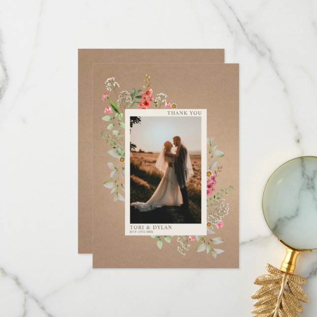 Wildblommor Cardstock Boho Botanical Bröllop Photo Tack Kort (Fram/Back In Situ)