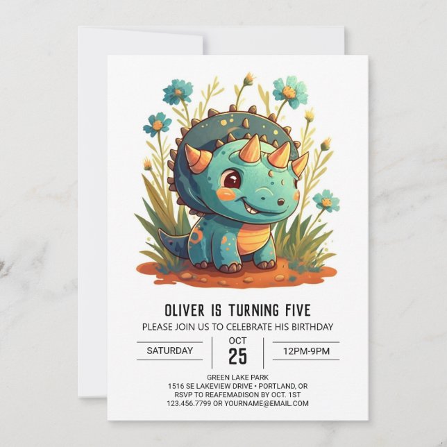 Wildblommor Chic Dinosaur Boy Birthday Inbjudningar (Framsida)