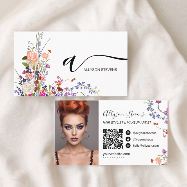 Wildblommor chic hårmakeup foto initial qr-kod visitkort (Wildflowers chic hair makeup photo initial qr code business card)