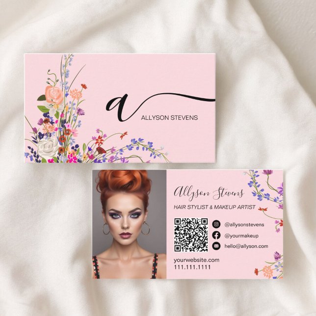 Wildblommor chic hårmakeup foto initial qr-kod visitkort (Wildflowers chic hair makeup photo initial qr code business card)