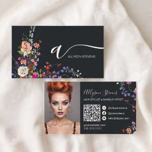 Wildblommor chic hårmakeup foto initial qr-kod visitkort