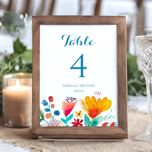 Wildblommor Colorful Bröllop Bordsnummer (Floral Colorful Watercolor Wedding Table Number)