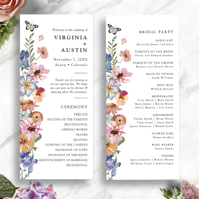 Wildblommor Colorful Bröllop Program (Wildflower Colorful Watercolor Wedding Program by Painted Paperie
)