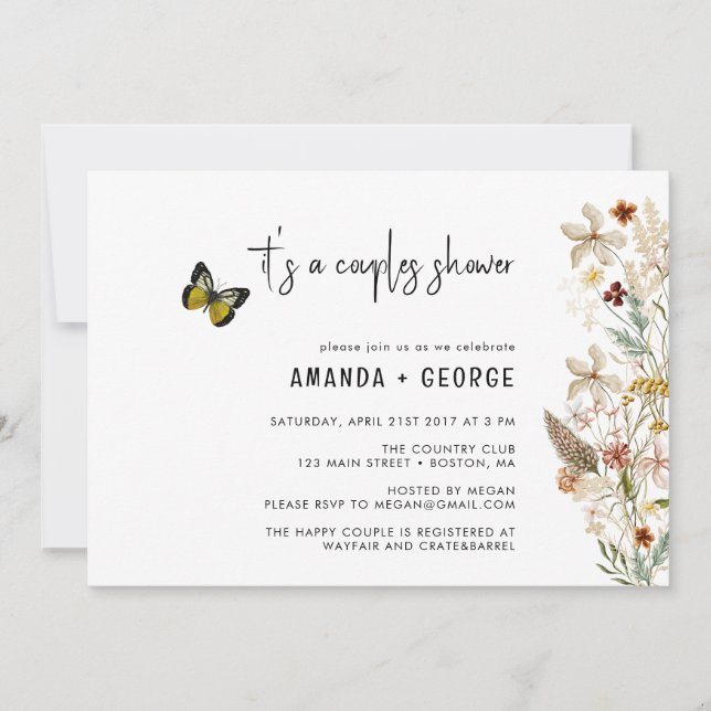 Wildblommor Couple dusch Butterfly Inbjudningar (Framsida)