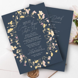 Wildblommor Dubbla Arch Navy OSA QR Code Bröllop Inbjudningar