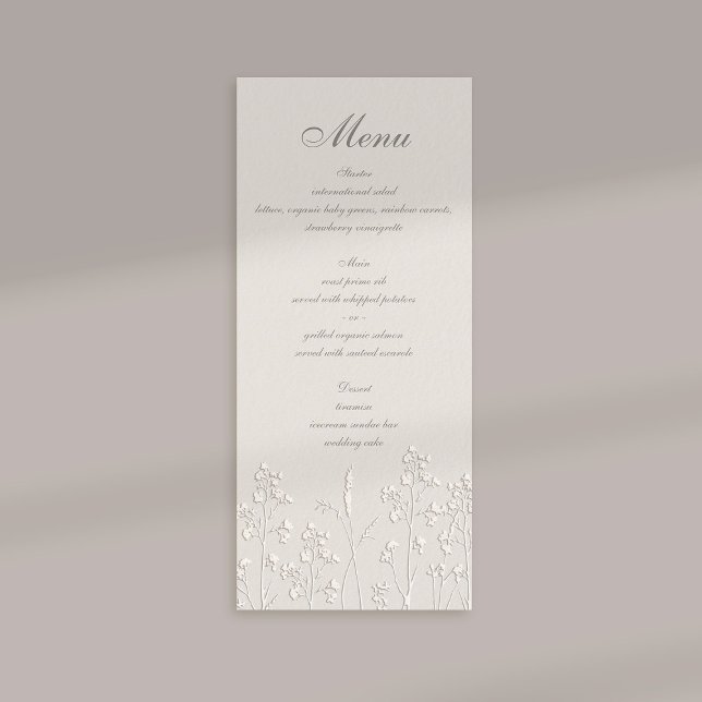 Wildblommor Ecru Faux Embossed Classic Bröllop Meny (formal wedding menu card traditional calligraphy ecru faux embossed wildflowers elegant classic thin)