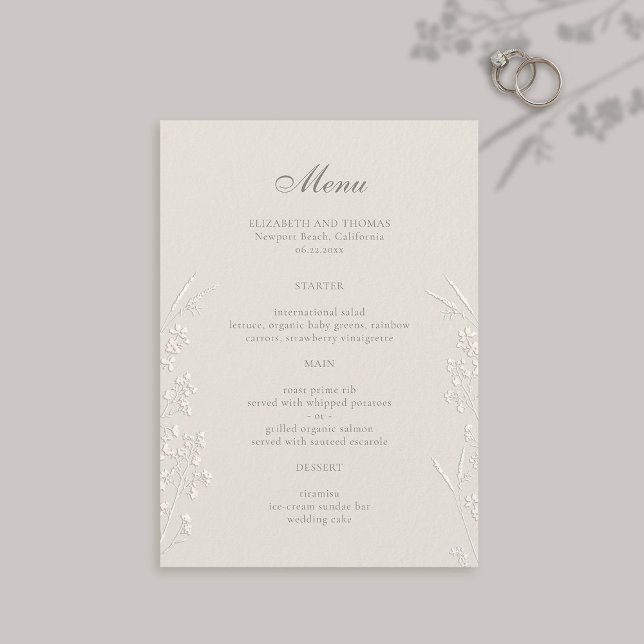 Wildblommor Ecru Faux Embossed Classic Bröllop Meny (formal wedding menu card traditional calligraphy ecru faux embossed wildflowers modern classic large)