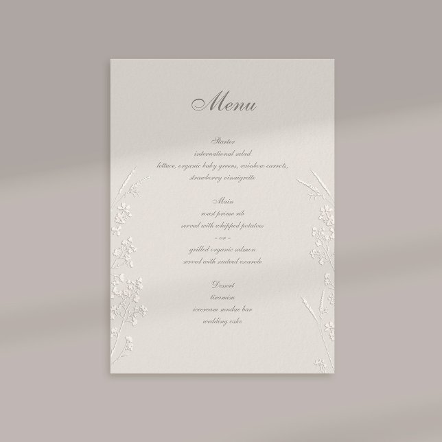 Wildblommor Ecru Faux Embossed Formal Bröllop Meny (formal wedding menu card traditional calligraphy ecru faux embossed wildflowers elegant classic)