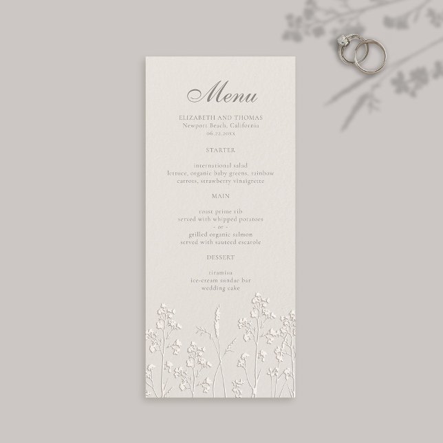 Wildblommor Ecru Faux Embossed Formal Bröllop Meny (formal wedding menu card traditional calligraphy ecru faux embossed wildflowers modern classic)