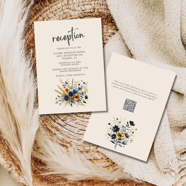 Wildblommor Elegant Beige Wedding Reception Tilläggskort (Watercolor Wildflowers Wedding Reception Enclosure Card with Blue and Yellow Wildflowers, QR Code.)