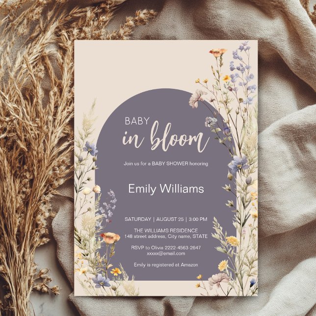 Wildblommor elegant boho babydusch inbjudningar (A little wildflower elegant rustic boho watercolor baby shower invitation, baby in bloom)