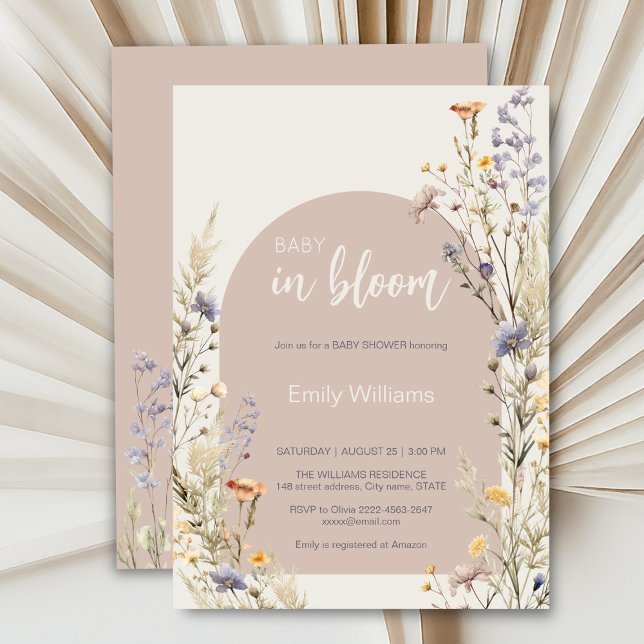 Wildblommor elegant boho babydusch inbjudningar (A little wildflower elegant rustic boho watercolor baby shower invitation, baby in bloom)