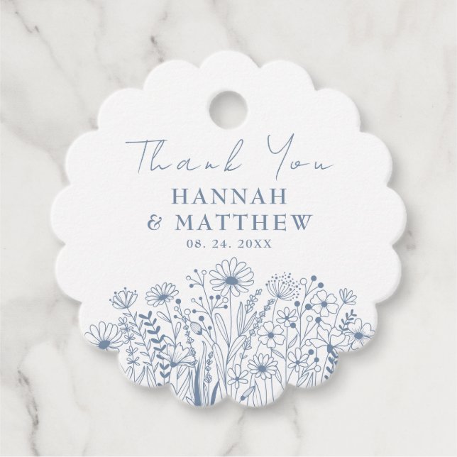 Wildblommor Elegant Dusty Blue Bröllop Gåvor Etiketter (Framsida)