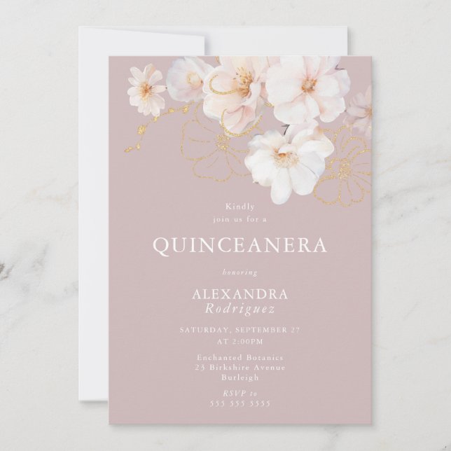  Wildblommor Elegant Dusty Rosa Quinceanera Inbjudningar (Framsida)