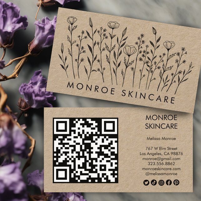 Wildblommor Elegant Kraft QR Code Social Icons Visitkort (Wildflowers Elegant Kraft QR Code Social Icons Business Card
)
