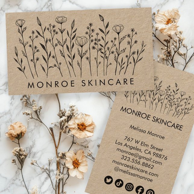 Wildblommor Elegant Line Art Kraft Social Icons Visitkort (Wildflowers Elegant Line Art Kraft Social Icons Business Card
)