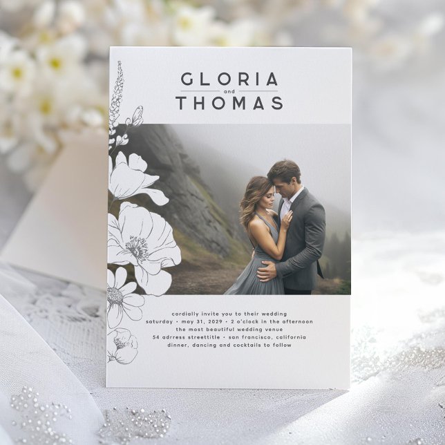 Wildblommor Elegant Modern Bröllop Photo Inbjudningar (Wildflowers Wedding Photo Invitation)