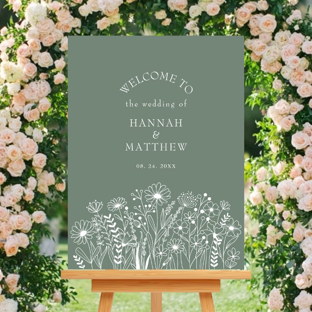 Wildblommor Elegant Sage Grönt Bröllop Välkommen Poster (Skapare uppladdad)