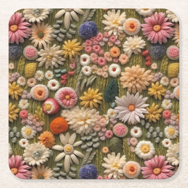 Wildblommor Embroidery Underlägg Papper Kvadrat (Framsidan)