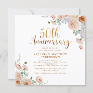 Wildblommor Faux Guld Calligraphy 50-årsdagen Inbjudningar
