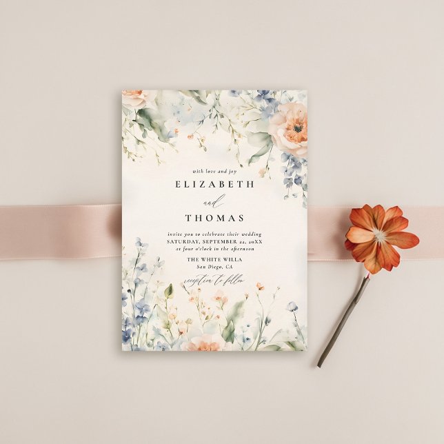 Wildblommor Fête Romantic Elegant Fall Wedding Inbjudningar (wildflower wedding theme invitation watercolor happy fall garden modern classic elegant formal)