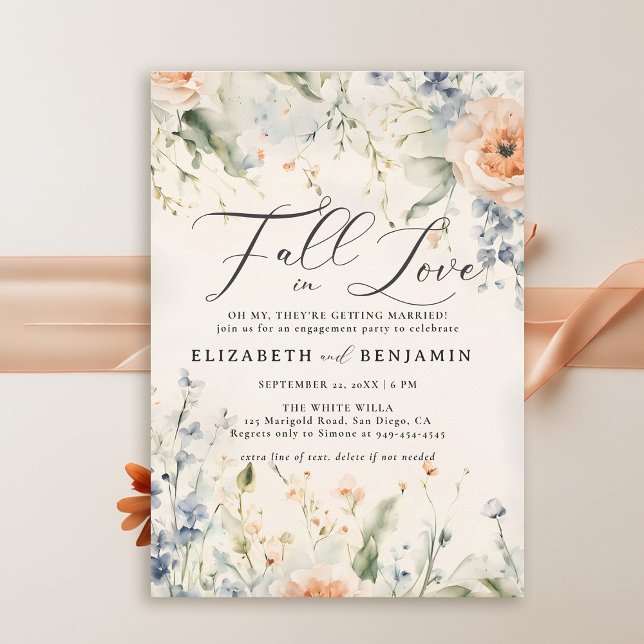 Wildblommor Fête Romantic Fall Förlovningsfest Inbjudningar (fall engagement party invitations wildflowers rust burnt orange blue elegant watercolor casual chic)