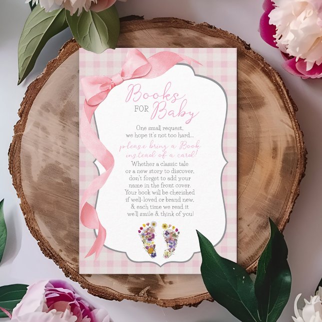 Wildblommor Footprint Girl Shower Bokar för Baby Tilläggskort (Coquette pink bow gingham pattern floral footprints girl shower Books for Baby invitation insert )