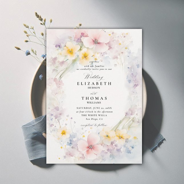 Wildblommor Garden Delicate Modern Elegant bröllop Inbjudningar (wildflower wedding theme invitation delicate watercolor meadow modern classic formal elegant)