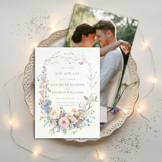 Wildblommor Garden Elegant Photo Bröllop Spara Dat Inbjudningar (wildflowers wedding save the date photo enchanted garden woodland forest butterflies chic fairytale)