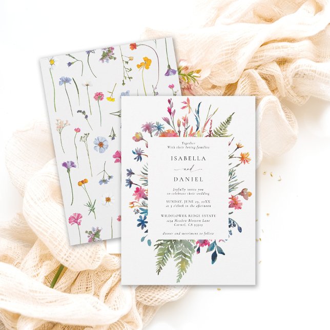 Wildblommor Garden Lycklig Colorful Modern Bröllop Inbjudningar (wildflower wedding theme colorful frame invitation garden outdoors meadow spring summer chic)