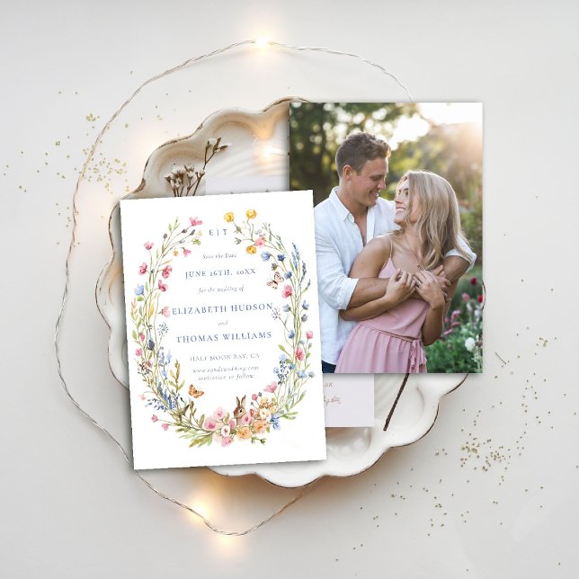 Wildblommor Garden Modern Photo Bröllop Spara Date Inbjudningar (wildflowers wedding save the date photo enchanted garden woodland forest butterfly rabbit whimsical)