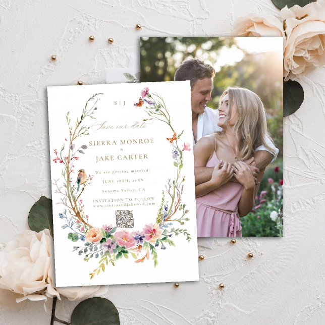 Wildblommor Garden QR-kod Foto Bröllop Spara Datum Inbjudningar (garden wedding save the date photo QR code wildflowers enchanted woodland forest butterflies bird)